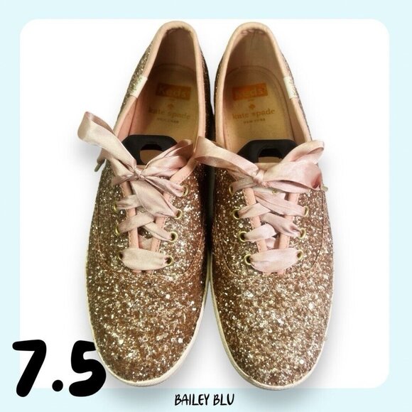Keds Kate Spade Rose Gold Pink Peach Glitter Sneaker Shoe 7.5 - Picture 2 of 9